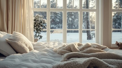 Home hotel bedroom interior with big windows with winter view composition background