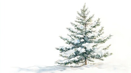 Fototapeta premium A snowy evergreen tree stands majestically in a winter landscape surrounded by gentle white snowflakes in a serene, quiet environment