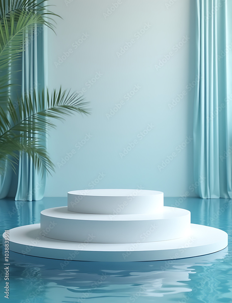 Poster A water background supports a podium and product display stand with an abstract platform for modern exhibitions.