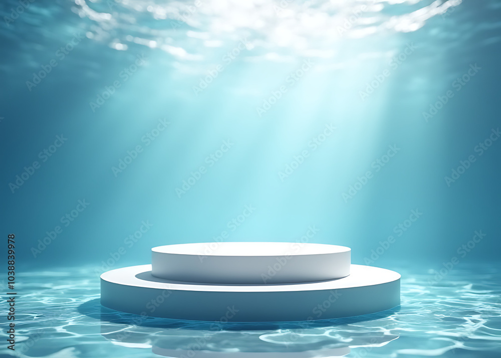 Poster A water background supports a podium and product display stand with an abstract platform for modern exhibitions.