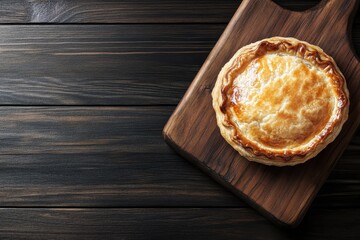 Close up of a mini meat pie on a wooden board rustic table background with space for text