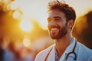 Smiling doctor in white coat enjoying sunset at a busy outdoor medical event