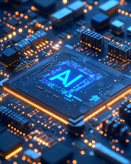 Obraz premium Top View of Blue AI Powered Computer Microchips on Transparent Background