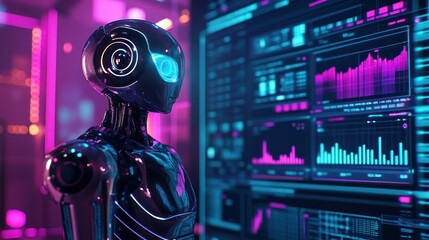 Fototapeta premium A futuristic robot stands beside a digital interface displaying data and analytics.