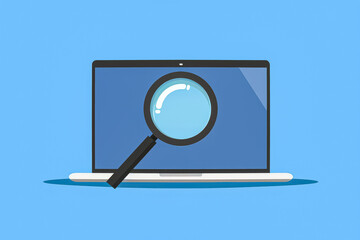 Laptop with a magnifying glass on it. The laptop is open and the magnifying glass is on the screen