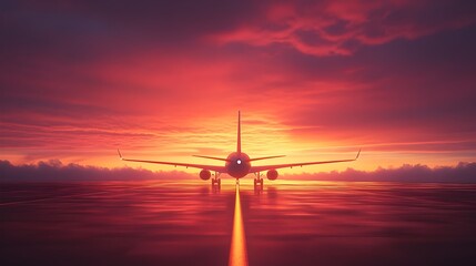 Airplane on Runway at Vibrant Sunrise with Glowing Horizon and Serene Atmosphere
