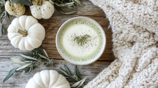 Cozy autumn morning with matcha latte surrounded by white pumpkins and soft knit