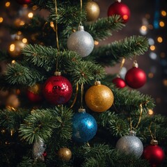 Fototapeta premium Cheerful ornaments light up the Christmas tree with warmth