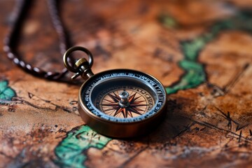 Vintage compass lying on antique world map for exploration