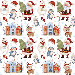 Christmas watercolor pattern with Santa and his reindeer on a white background. Festive seamless patterns with Christmas symbols. Holiday seamless paper, winter patterns with Santa.