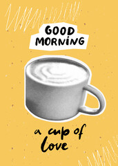 Coffee cup collage cafe poster template, social media story, trendy halftone art at bold yellow background