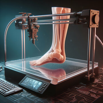 Ai generated image of a 3D-printed foot model, meticulously highlighting the intricate anatomy of the foot's skeletal structure. The model is predominantly white, set against a blue-green background. 