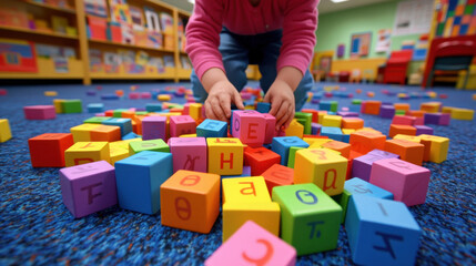 Naklejka premium Children Playing with Colorful Building Blocks