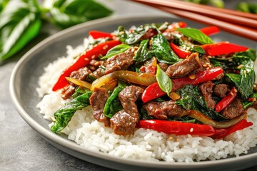 Close up of pad kra pao beef stir fry with Thai holy basil on jasmine rice served with chopsticks on a concrete table