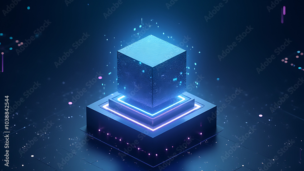 Poster AI cube floats on futuristic podium with glowing growth paths and ample space for tech presentations and business ideas.