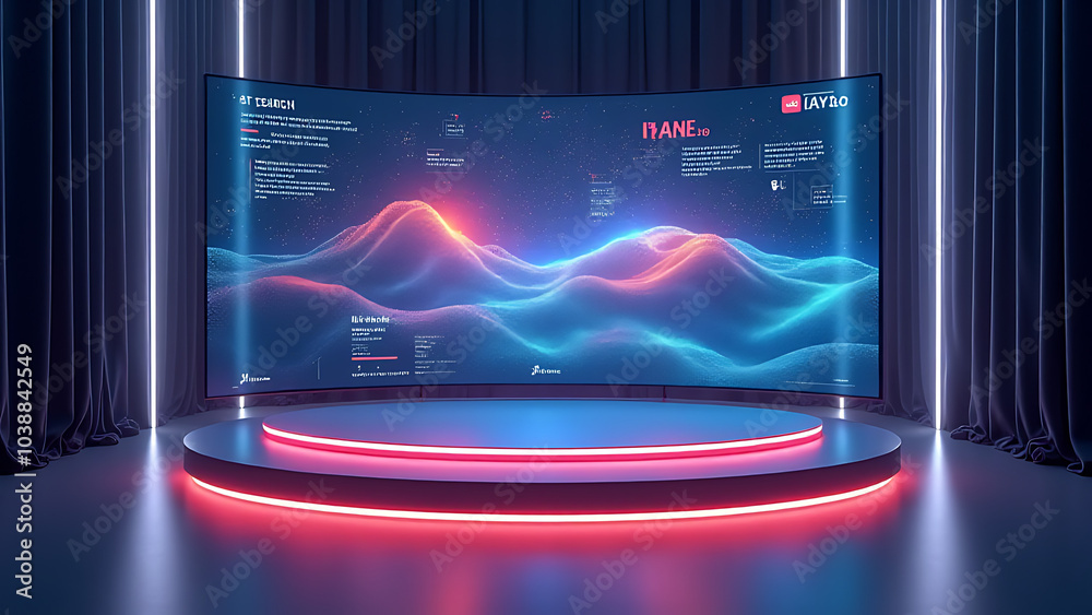 Poster Advanced floating podium provides interactive AI visuals for tech innovation digital growth advertising