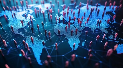 Obraz premium A Global Network of Connected People on a Blue Luminous World Map