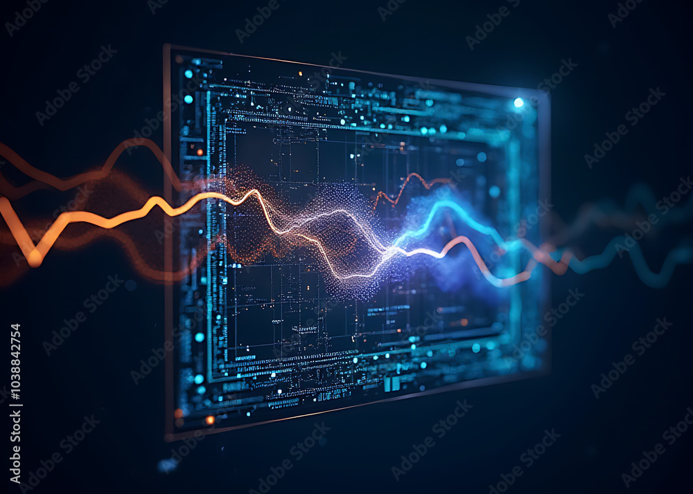 Poster AI neural network displays holographic growth patterns within a detailed border frame for presentations on tech expertise.