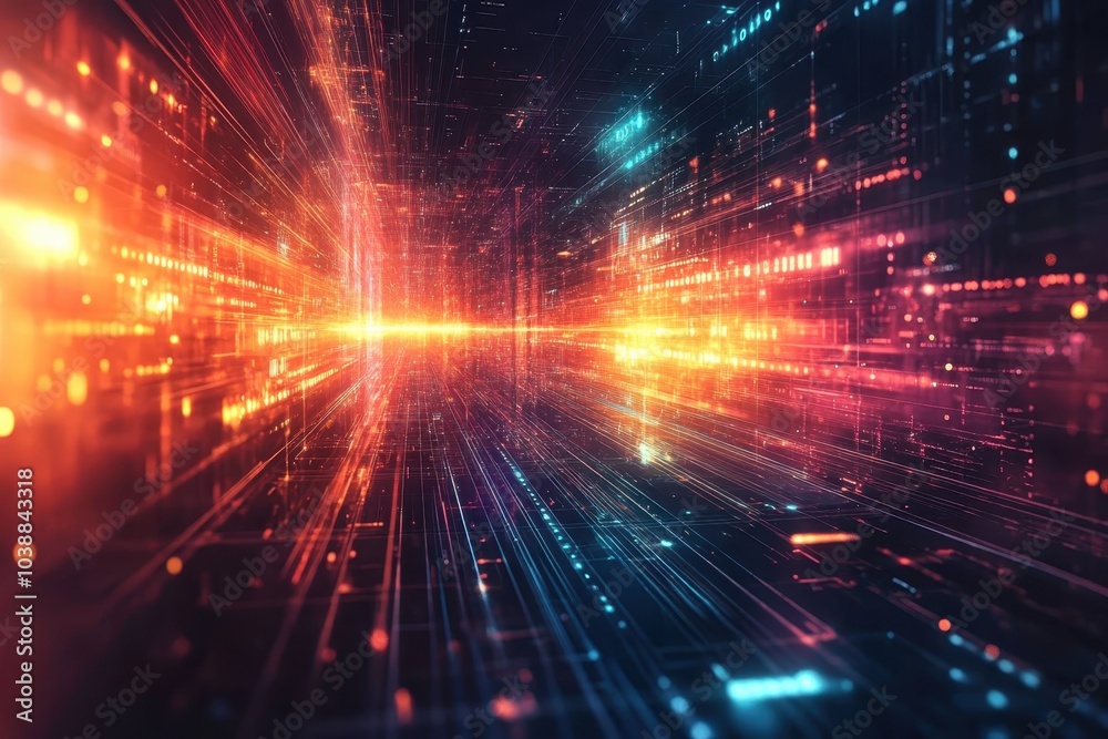 Fototapete Dynamic visualization of digital data flow illuminated by colorful light patterns at night