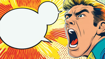Fototapeta premium A comic-style illustration of an angry man shouting, with an empty speech bubble and explosive yellow and red background, conveying intense emotion. 