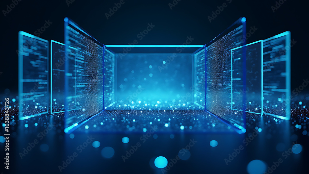 Poster Artificial intelligence generates holographic frames featuring ample copy space for tech presentations and AI applications.