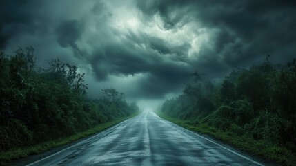 Misty Road Leading into a Dark Stormy Horizon with Overgrown Foliage and Dramatic Low-Hanging Clouds Creating an Eerie Atmosphere