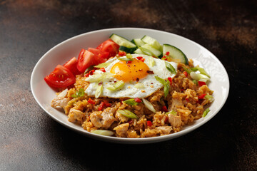 Nasi goreng, fried rice with chicken and egg in Indonesia style. Asian food