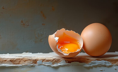 Freshly cracked egg with yolk on rustic wooden surface in soft light during morning hours
