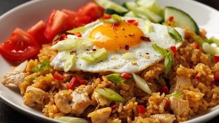 Nasi goreng, fried rice with chicken and egg in Indonesia style. Asian food