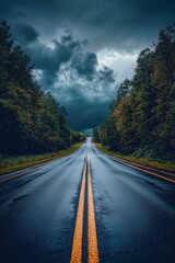 Empty Wet Road Amid Dense Forest Leading into Dramatic Dark Clouds with Overcast Sky, Creating a Moody and Mysterious Atmosphere
