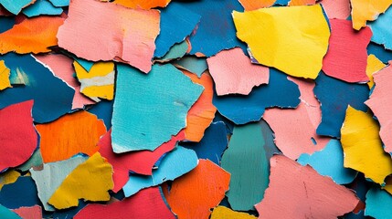 Layers of multicolored torn paper come together in a mesmerizing display of texture and vibrancy offering endless possibilities for creative expression in design projects.