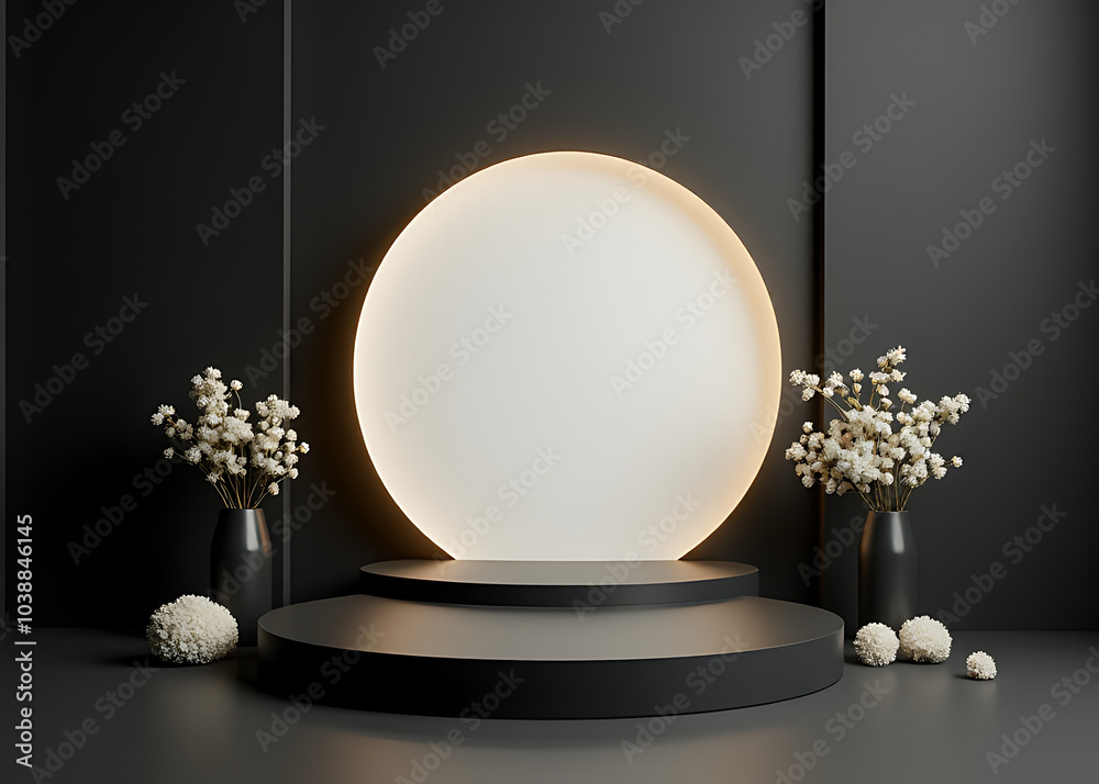 Poster Black and gold minimalist podium features a white circle and white flowers on its simple elegant design backdrop.