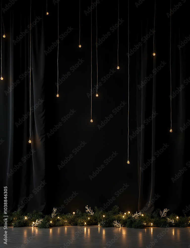 Poster Black luxury setup with string lights and a garland on the floor for a sleek minimalist product showcase stage display.