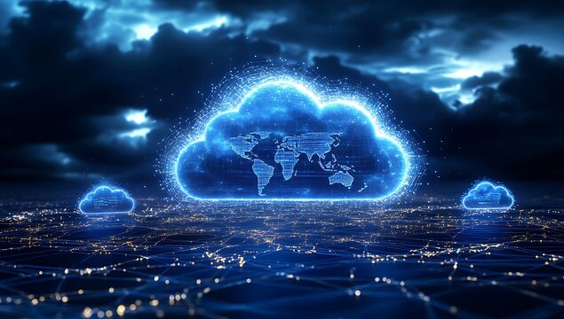 Futuristic Cloud Computing Network Servers. Digital illustration of cloud computing infrastructure with vibrant blue neon lights and futuristic data servers.