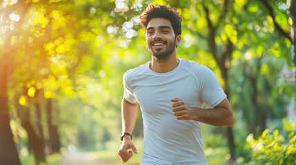 Young Indian man jogging through sunlit forest path for exercise and fitness
