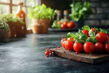 Fresh cherry tomatoes and basil on a wooden cutting board in a cozy kitchen