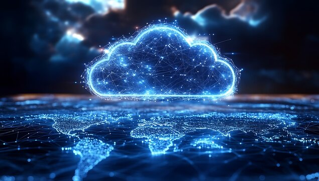 Futuristic Cloud Computing Network Servers. Digital illustration of cloud computing infrastructure with vibrant blue neon lights and futuristic data servers.