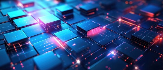 Obraz premium Abstract representation of digital technology with glowing cubes and circuitry patterns.