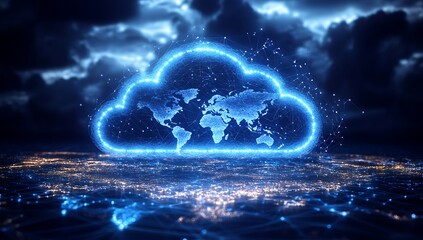 Obraz premium Futuristic Cloud Computing Network Servers. Digital illustration of cloud computing infrastructure with vibrant blue neon lights and futuristic data servers.