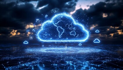 Obraz premium Futuristic Cloud Computing Network Servers. Digital illustration of cloud computing infrastructure with vibrant blue neon lights and futuristic data servers.