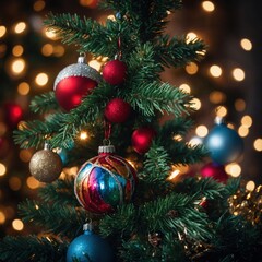 Fototapeta premium Cheerful toys create a charming atmosphere on the festive tree