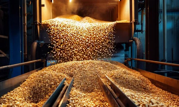 Grain unloading process at a storage facility during early morning operations