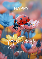 A ladybug on a blooming flower with the text 'Happy Birthday' – perfect for eye-catching birthday cards, invitations, and creative projects. 