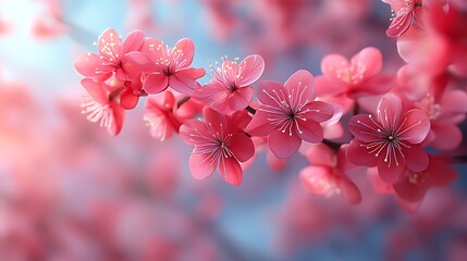 A close-up shot of pink cherry blossoms blooming on a branch against a soft, blurred background. The flowers are in full bloom. Light shines through the petals, creating a sense of beauty and serenity