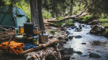 Fototapeta premium An inviting camping site by a bubbling brook, Camping gear arranged orderly, Cozy outdoor style