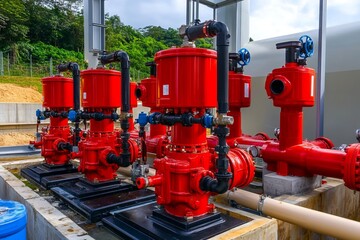 Red water pipes, valves and pumps in a industrial environment