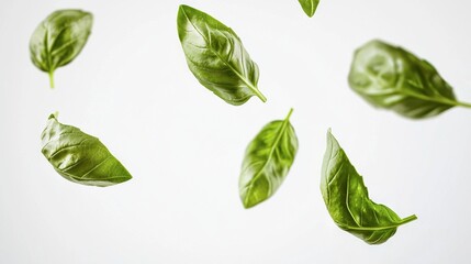 Fototapeta premium Green leaves floating in white air, reflected on picture's bottom