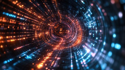 Digital tunnel with dynamic lights and glowing patterns showing technology 