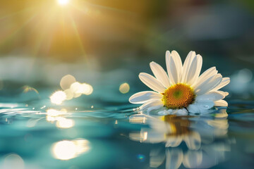 A white flower is floating on the surface of a body of water