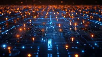 Obraz premium Digital network circuit board is blue and black with glowing lights